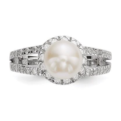 Sterling Silver Rhodium Plated 7 8mm White Button Freshwater Cultured Pearl And Cz Ring