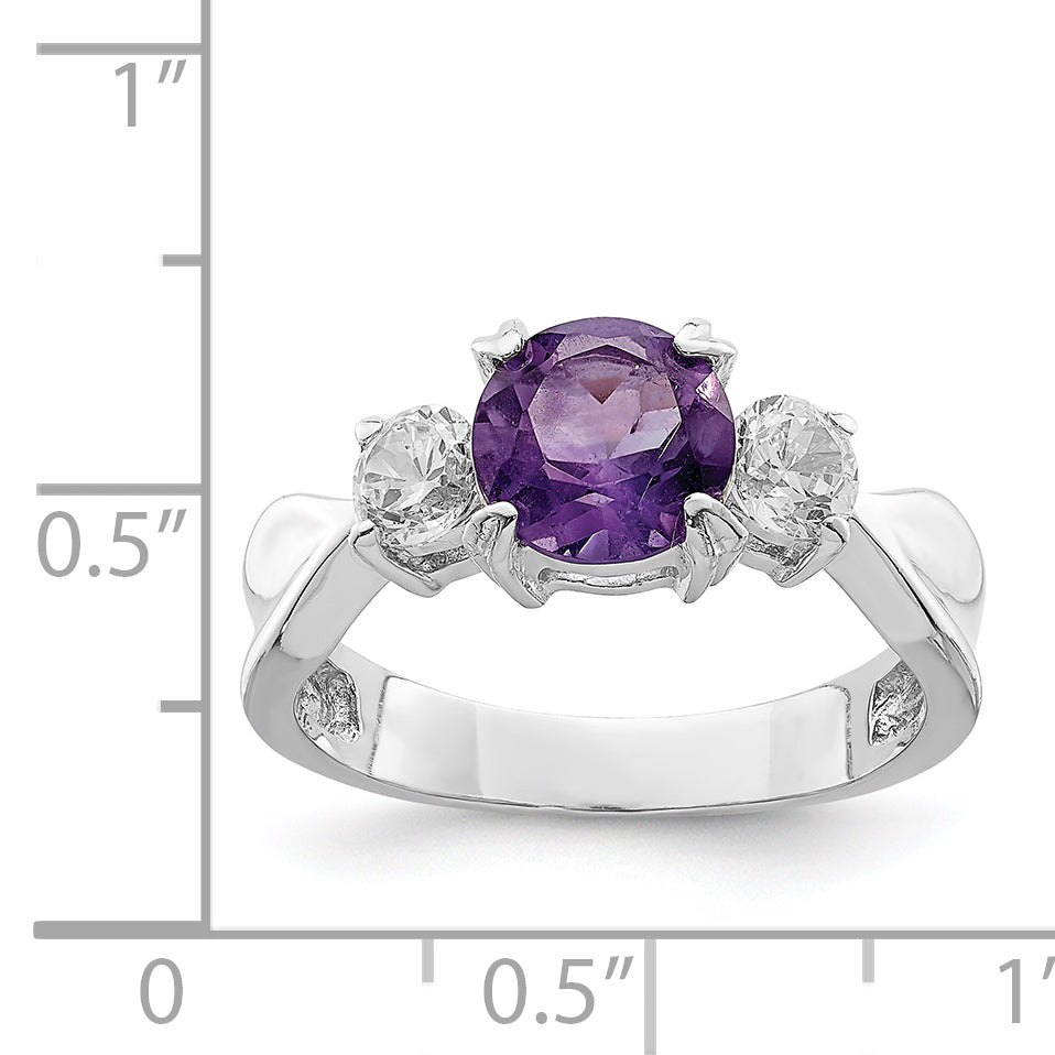Sterling Silver Rhodium Plated Amethyst And Cz Ring (Size 7 Only)