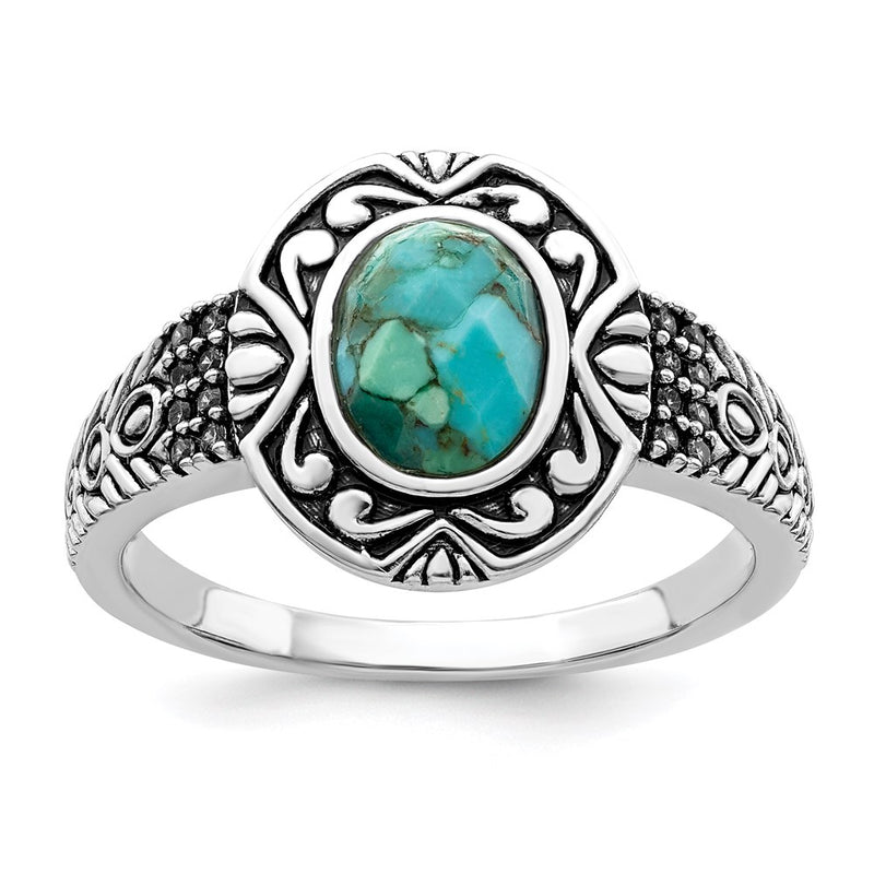 Sterling Silver Rhodium Plated Oxidized Faceted Recon. Turquoise Ring