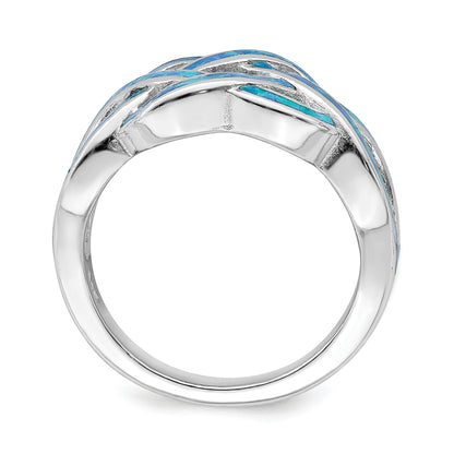 Sterling Silver Rhodium Plated Lab Created Blue Opal Inlay Celtic Knot Ring