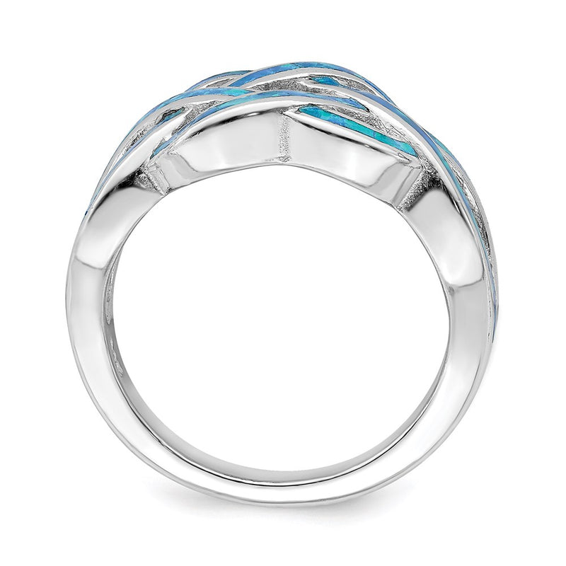 Sterling Silver Rhodium Plated Lab Created Blue Opal Inlay Celtic Knot Ring