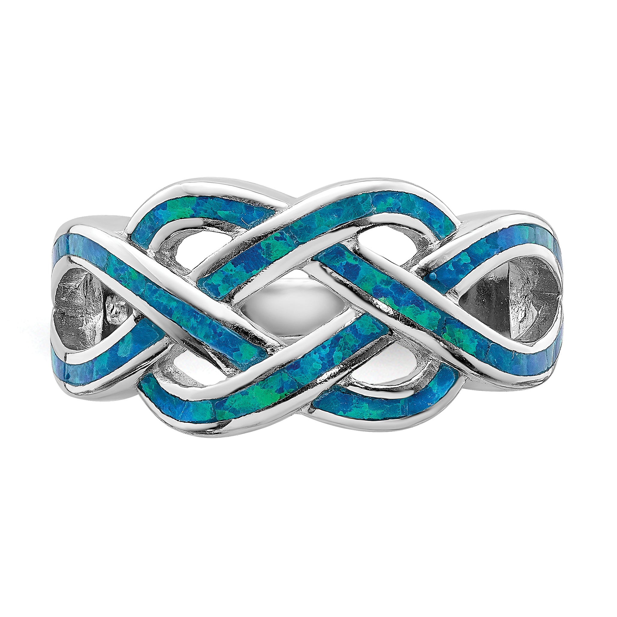 Sterling Silver Rhodium Plated Lab Created Blue Opal Inlay Celtic Knot Ring