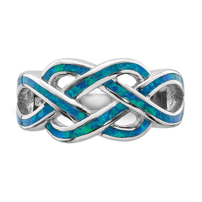 Sterling Silver Rhodium Plated Lab Created Blue Opal Inlay Celtic Knot Ring