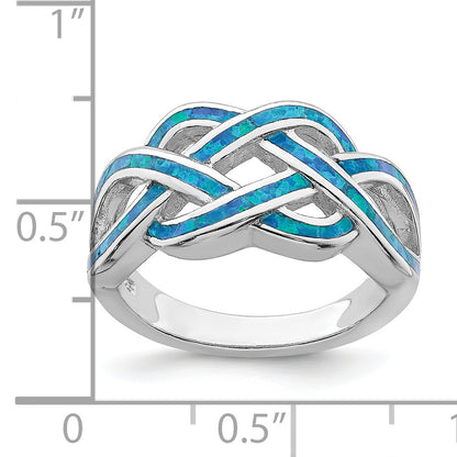 Sterling Silver Rhodium Plated Lab Created Blue Opal Inlay Celtic Knot Ring