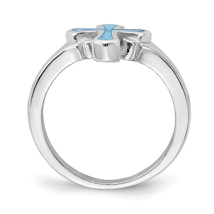 Sterling Silver Rhodium Plated Blue Inlay Created Opal Cross Ring