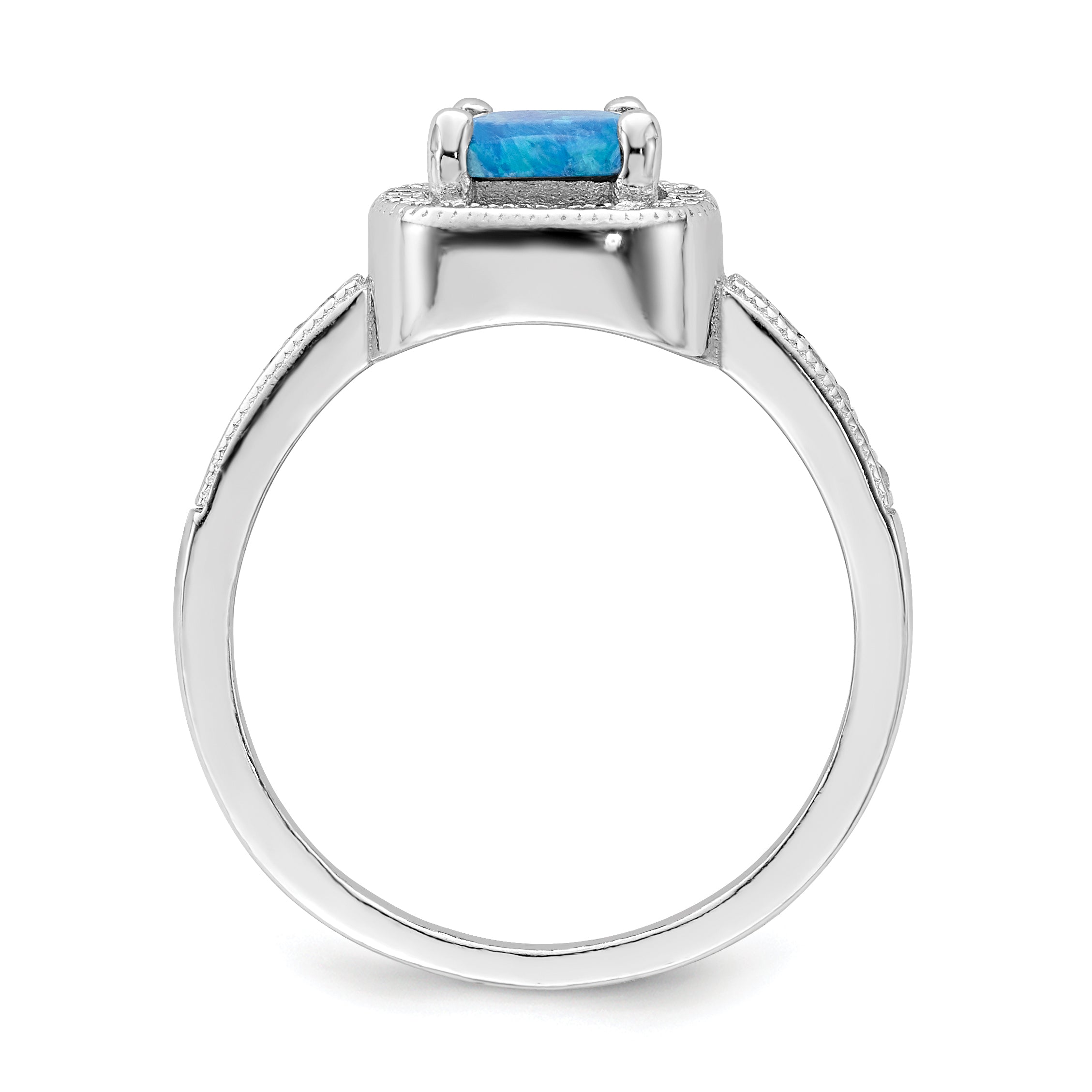 Sterling Silver Rhodium Plated Square Blue Created Opal Cz Ring