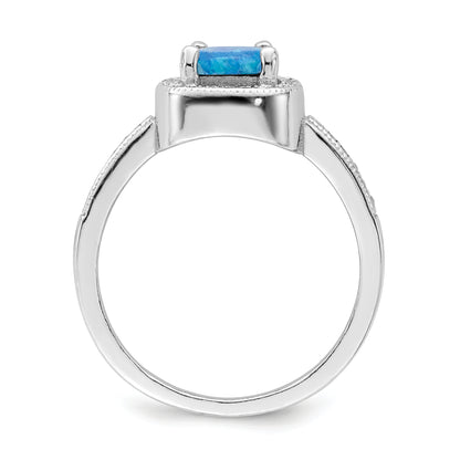 Sterling Silver Rhodium Plated Square Blue Created Opal Cz Ring