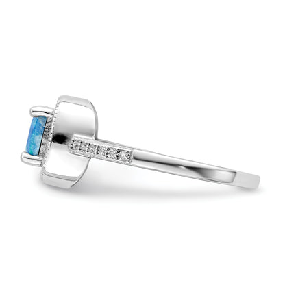 Sterling Silver Rhodium Plated Square Blue Created Opal Cz Ring