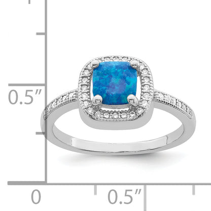 Sterling Silver Rhodium Plated Square Blue Created Opal Cz Ring