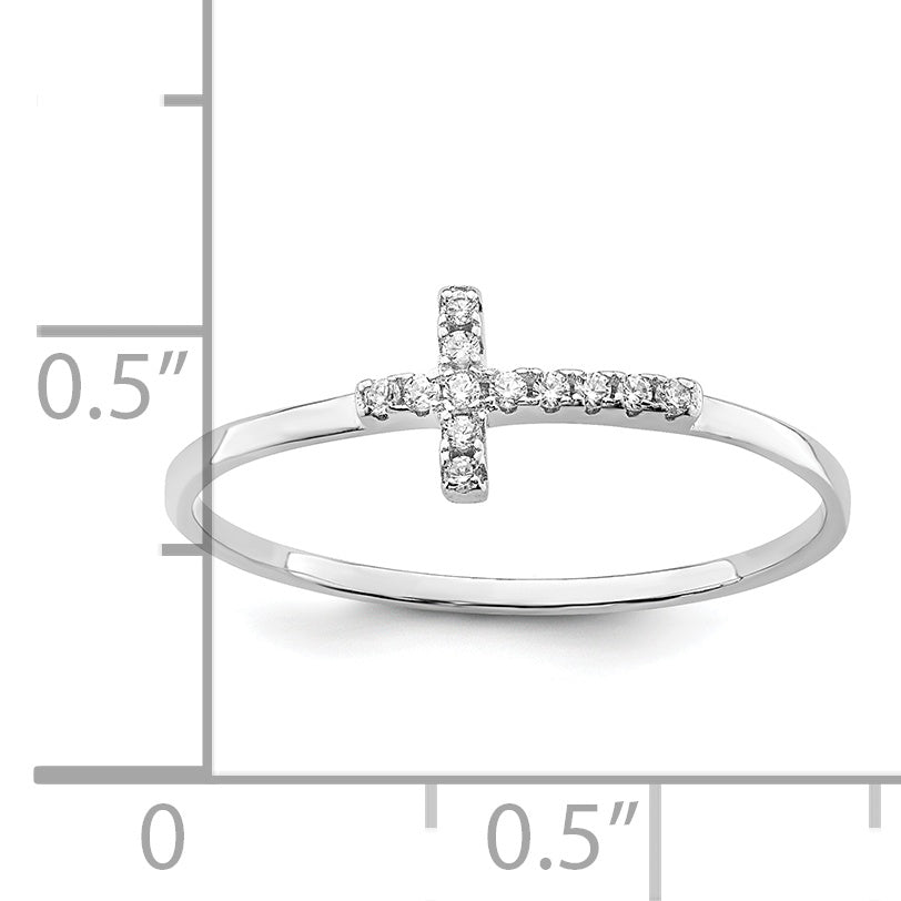 Sterling Silver Rhodium Plated Cz Side Cross Polished Ring