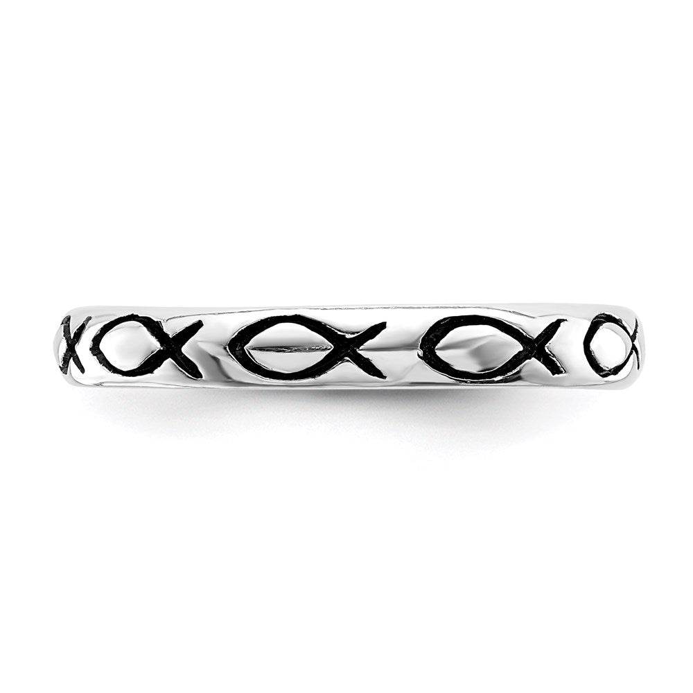 Sterling Silver Rhodium Plated Polished Antiqued Ichthus Ring