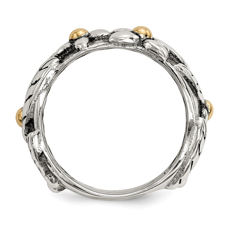 Silver/14K Two Tone Sterling Silver 14K Antiqued Leaves & Flowers Band