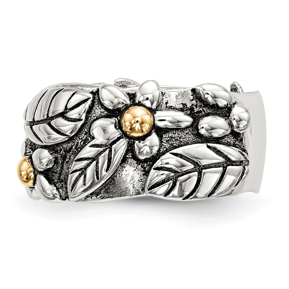 Silver/14K Two Tone Sterling Silver 14K Antiqued Leaves & Flowers Band