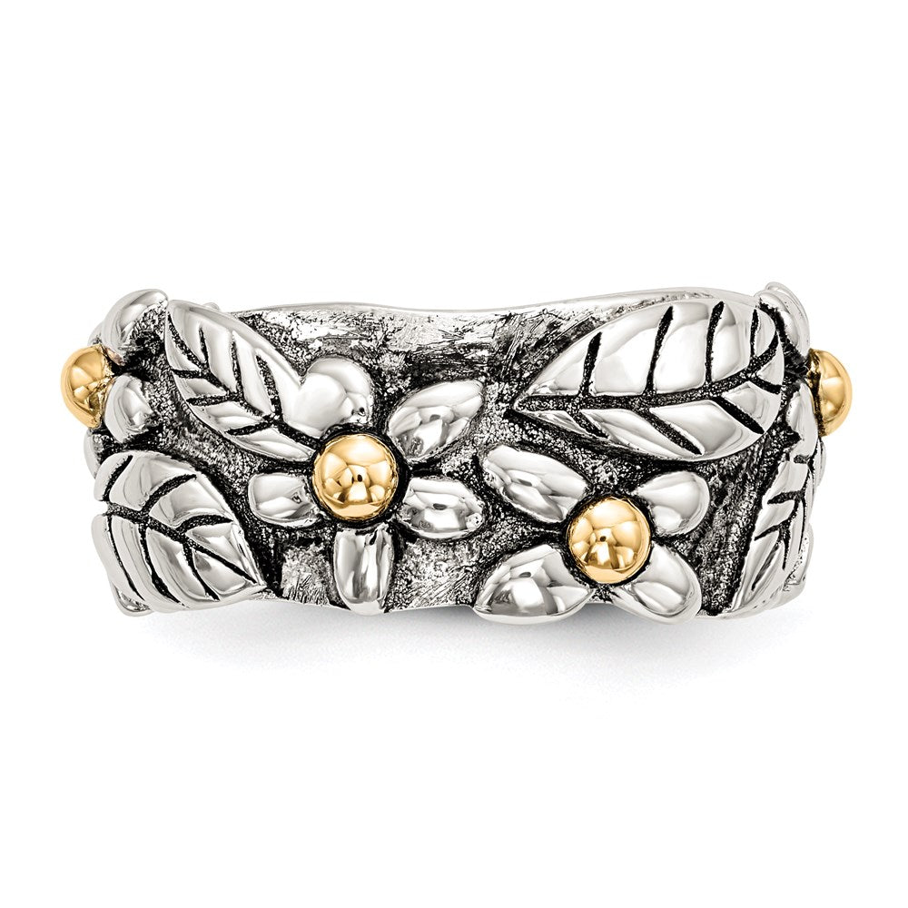 Silver/14K Two Tone Sterling Silver 14K Antiqued Leaves & Flowers Band