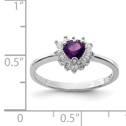 Sterling Silver Rhodium Plated Amethyst And Cz Heart Ring