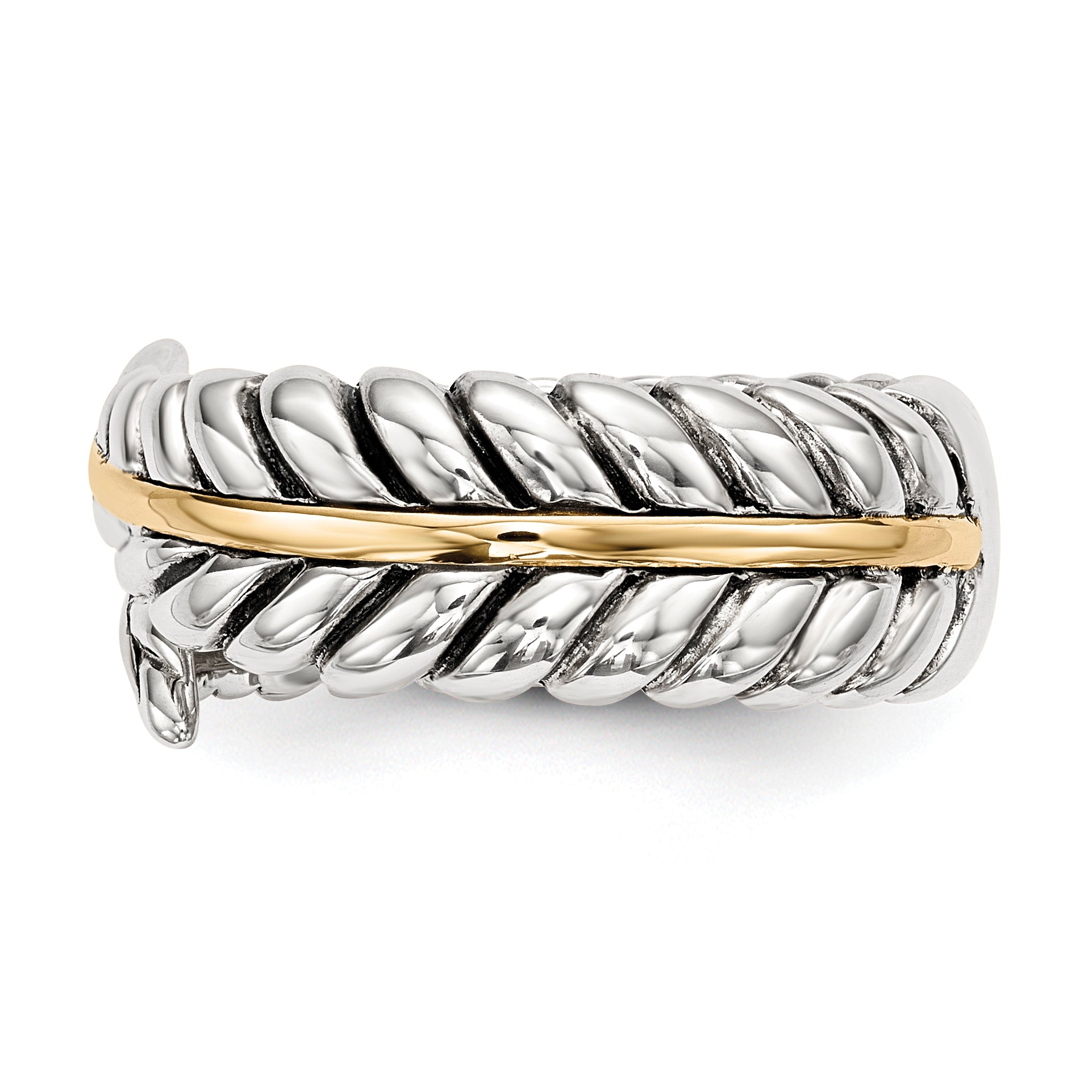 Silver/14K Two Tone Sterling Silver 14K Antiqued Leaves Bypass Ring