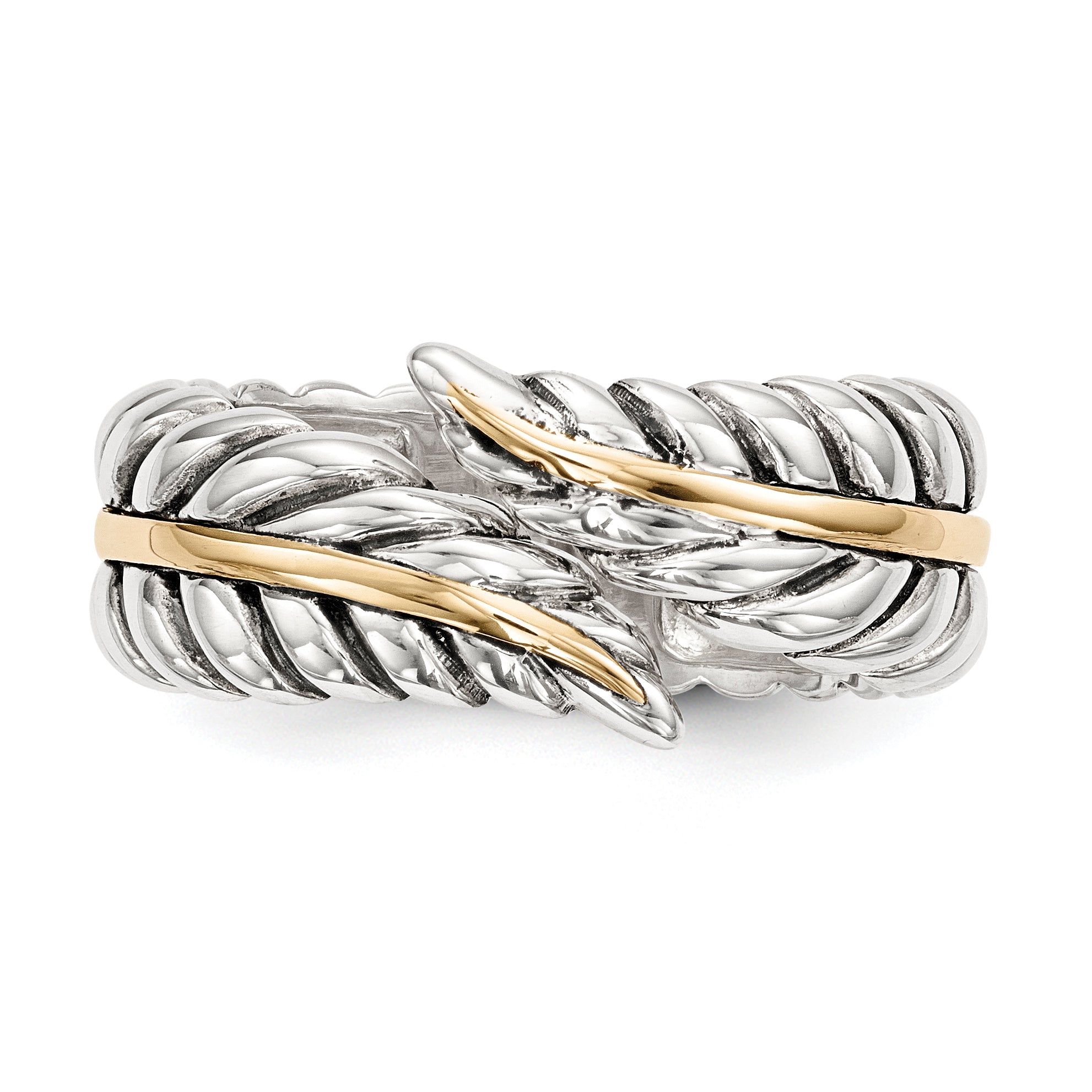 Silver/14K Two Tone Sterling Silver 14K Antiqued Leaves Bypass Ring