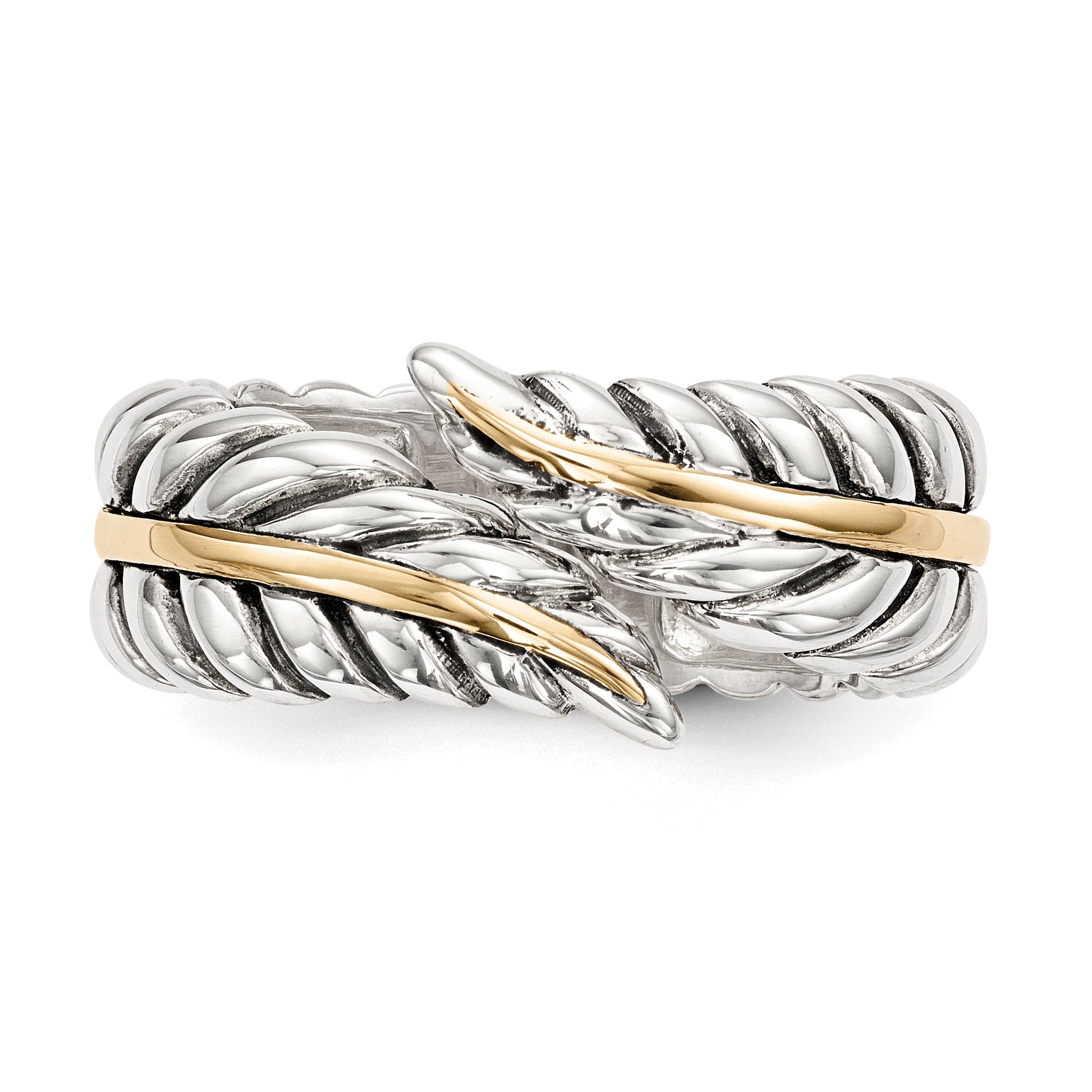 Silver/14K Two Tone Sterling Silver 14K Antiqued Leaves Bypass Ring