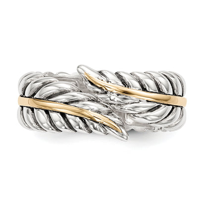 Silver/14K Two Tone Sterling Silver 14K Antiqued Leaves Bypass Ring