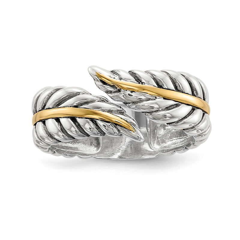 Silver/14K Two Tone Sterling Silver 14K Antiqued Leaves Bypass Ring