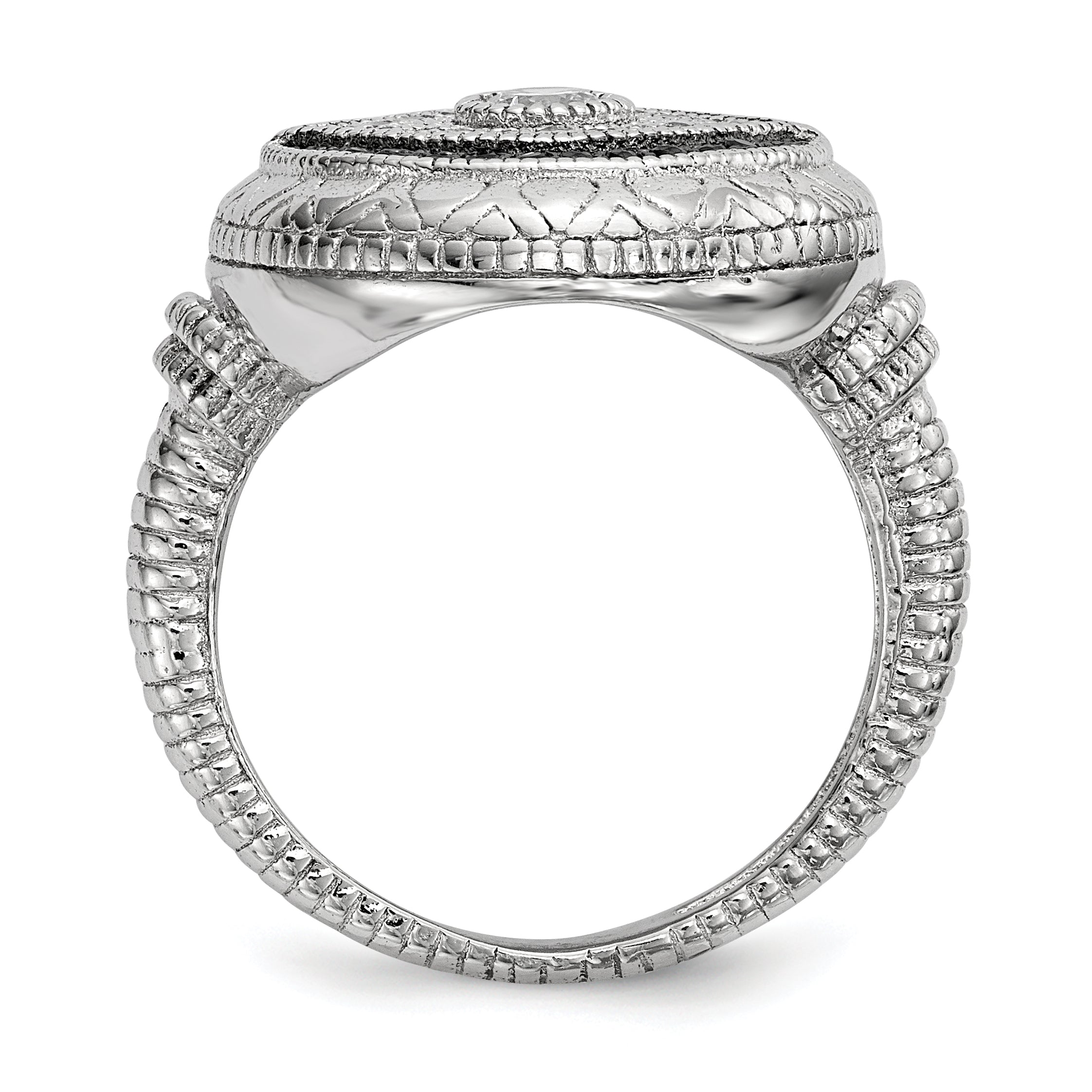 Sterling Silver Rhodium Plated Black And White Cz Evil Eye Ring