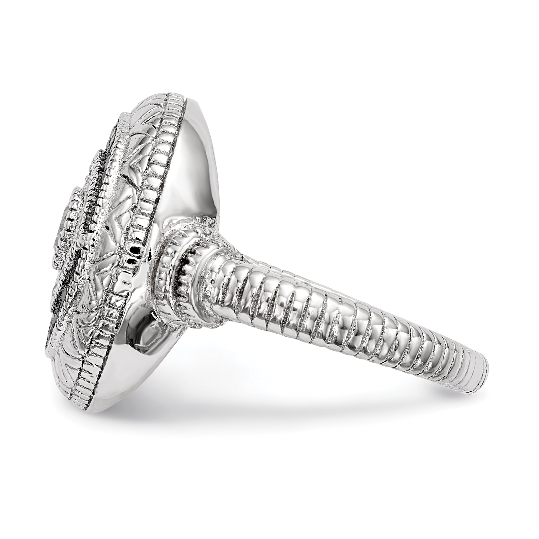 Sterling Silver Rhodium Plated Black And White Cz Evil Eye Ring