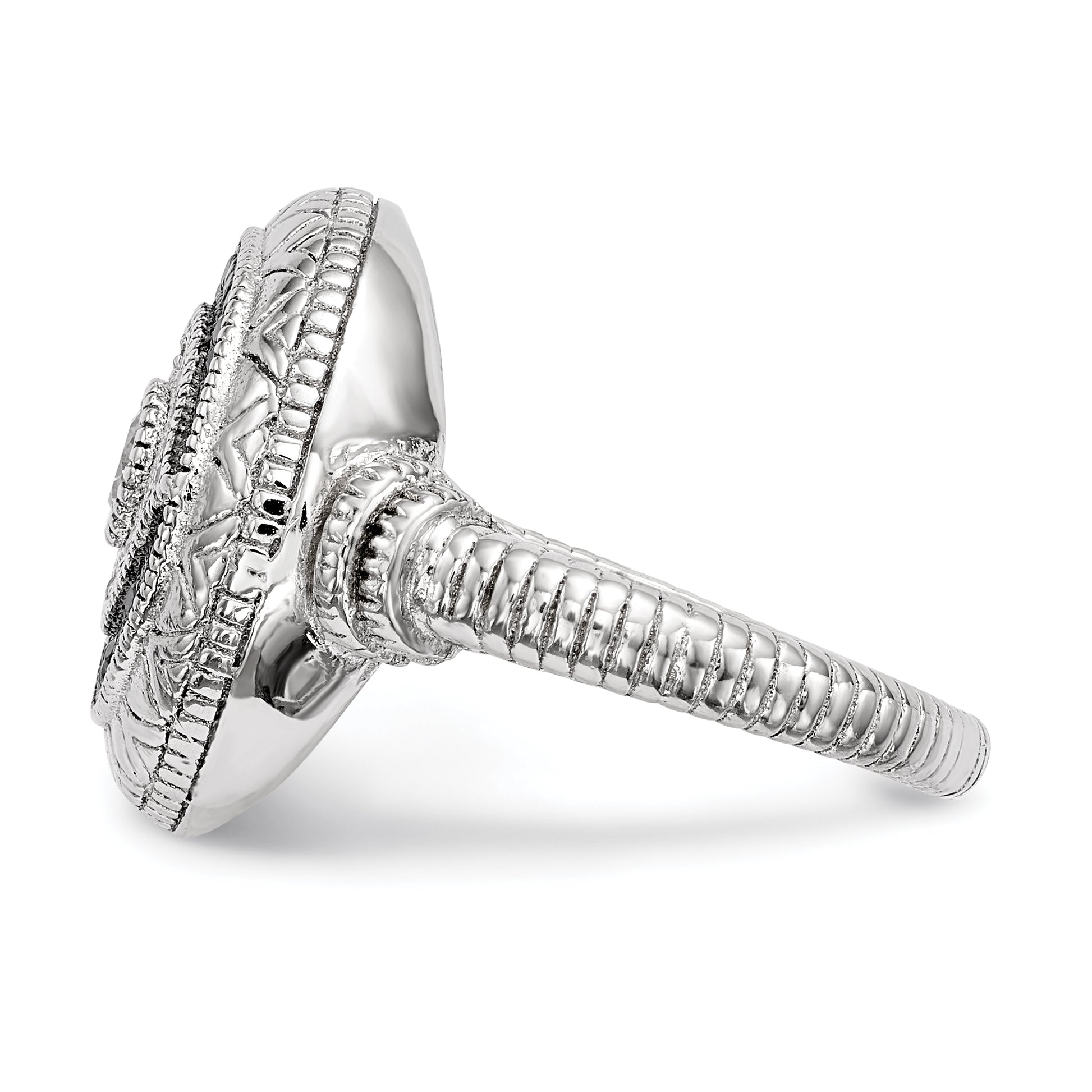 Sterling Silver Rhodium Plated Black And White Cz Evil Eye Ring