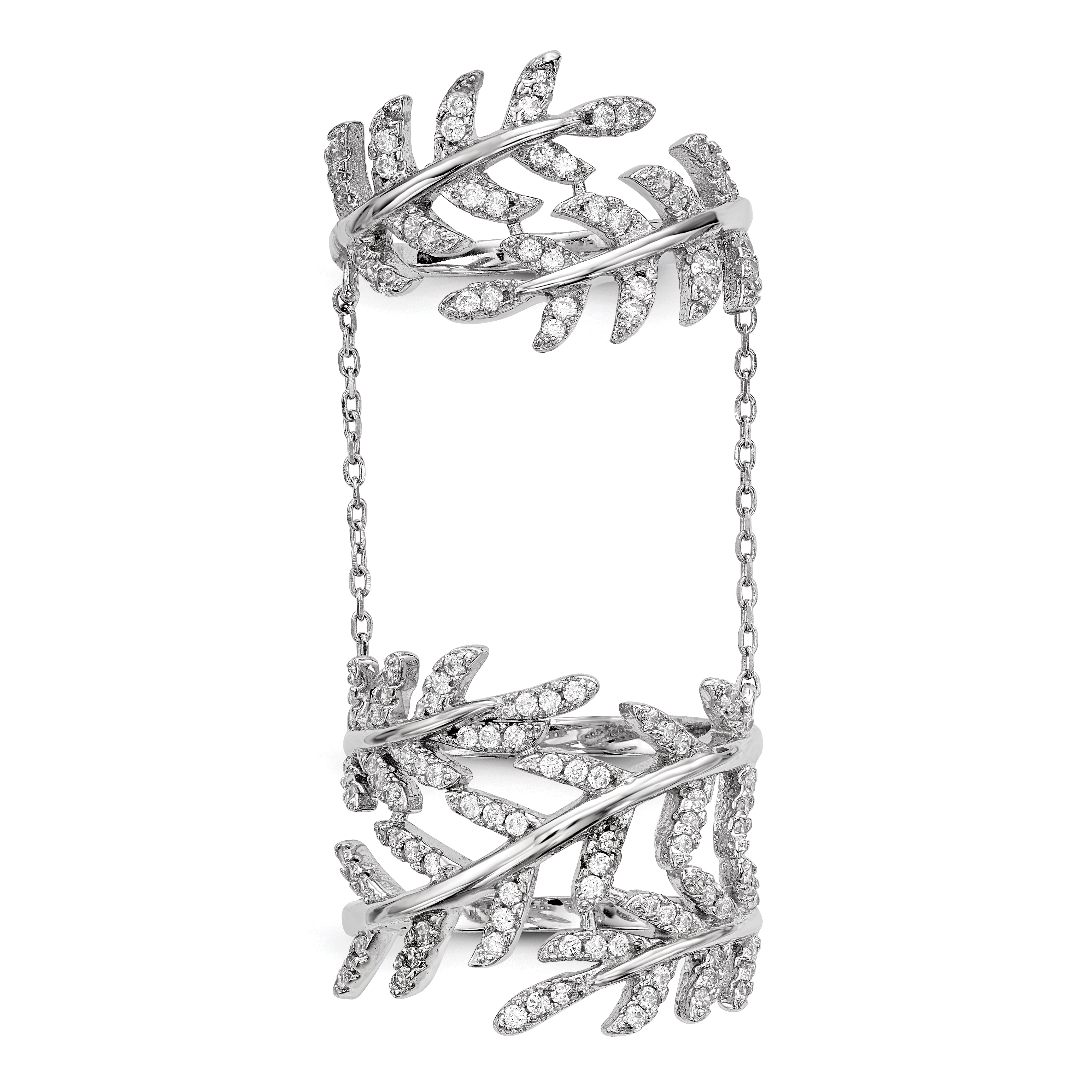 Sterling Silver Rhodium Plated Cz Leaf With Extender Ring