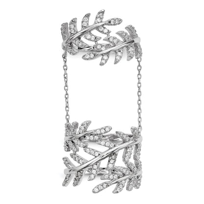 Sterling Silver Rhodium Plated Cz Leaf With Extender Ring