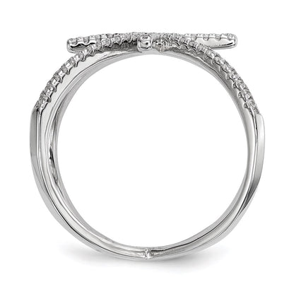 Sterling Silver Rhodium Plated Cz Star Criss Cross Ring