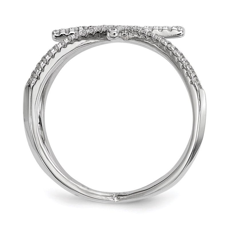 Sterling Silver Rhodium Plated Cz Star Criss Cross Ring