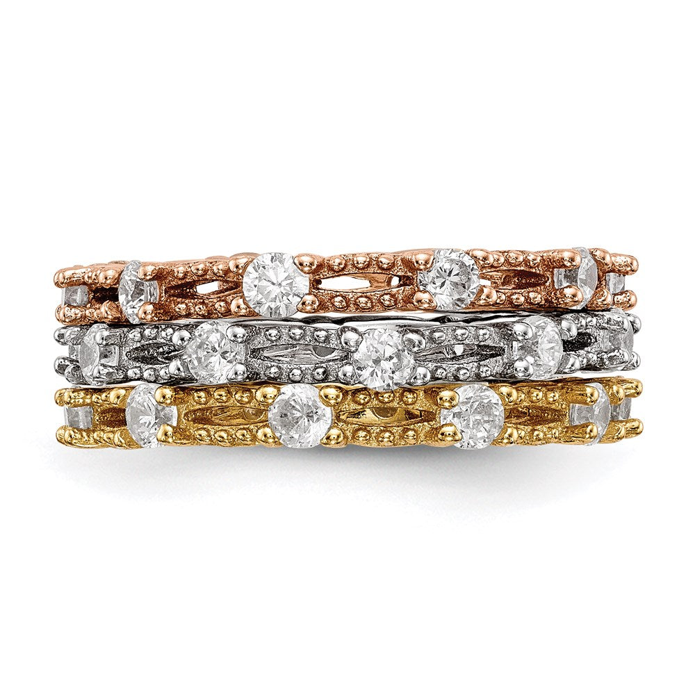 Sterling Silver White Yellow & Rose Tone Set Of 3 Cz Eternity Rings (Size 8 Only)