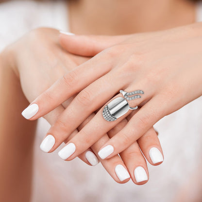 Sterling Silver Rhodium Plated Cz Adjustable Fingernail Ring