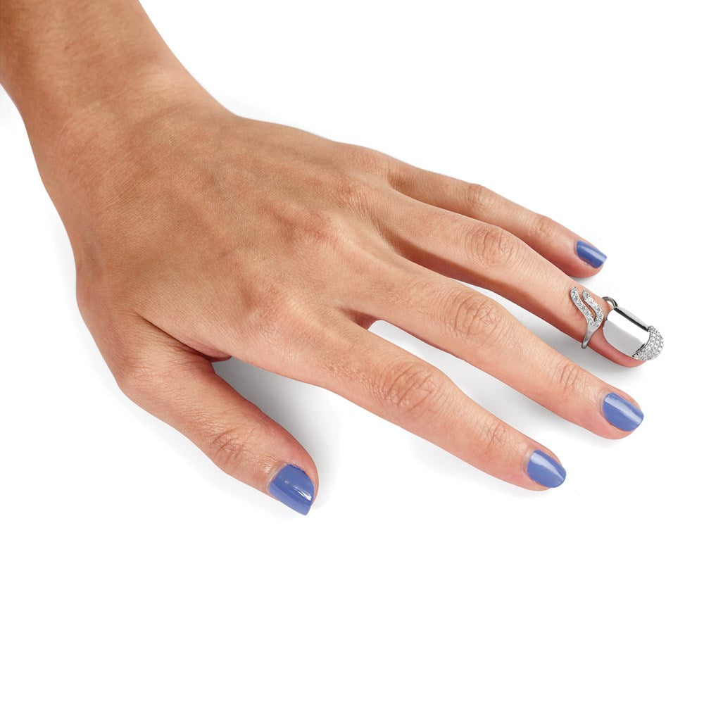 Sterling Silver Rhodium Plated Cz Adjustable Fingernail Ring