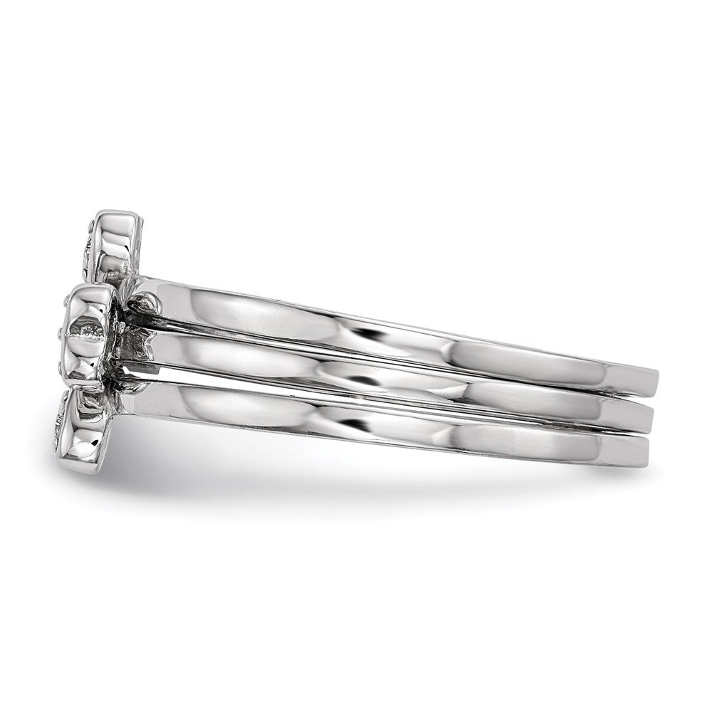 Sterling Silver Rhodium Plated Cz Heart Clover 3 Ring Set