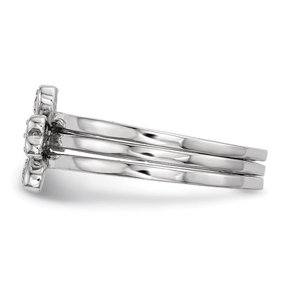 Sterling Silver Rhodium Plated Cz Heart Clover 3 Ring Set
