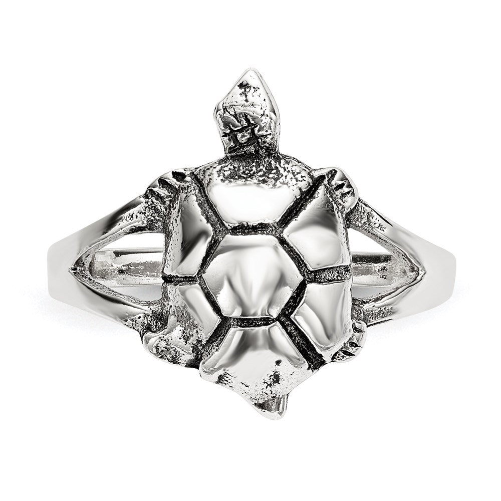 Sterling Silver Polished Antiqued Turtle Ring (Size 7 Only)