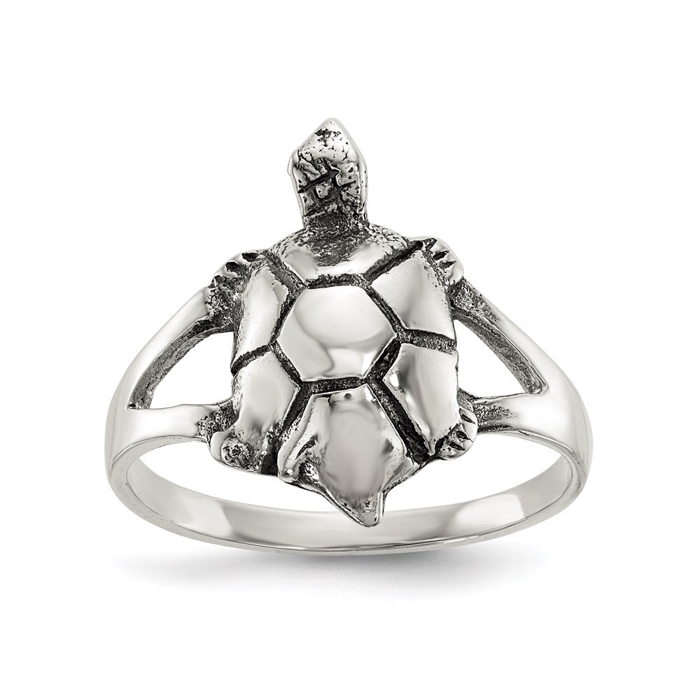 Sterling Silver Polished Antiqued Turtle Ring (Size 7 Only)