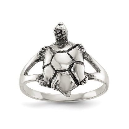 Sterling Silver Polished Antiqued Turtle Ring (Size 7 Only)