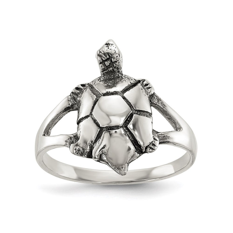 Sterling Silver Polished Antiqued Turtle Ring (Size 7 Only)