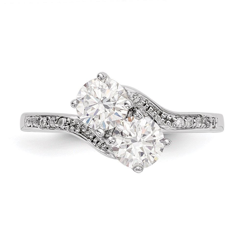 Sterling Silver Rhodium Plated Two Stone Cz Bypass Ring (Size 8 Only)