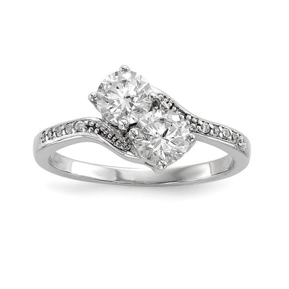 Sterling Silver Rhodium Plated Two Stone Cz Bypass Ring (Size 8 Only)