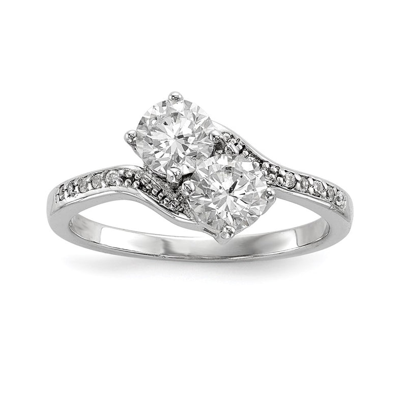 Sterling Silver Rhodium Plated Two Stone Cz Bypass Ring (Size 8 Only)
