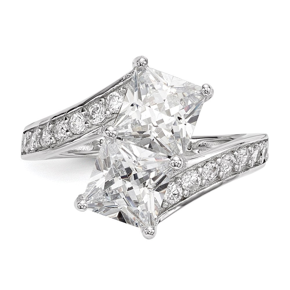 Sterling Silver Rhodium Plated Cz Two Stone Square Bypass Ring