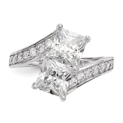 Sterling Silver Rhodium Plated Cz Two Stone Square Bypass Ring
