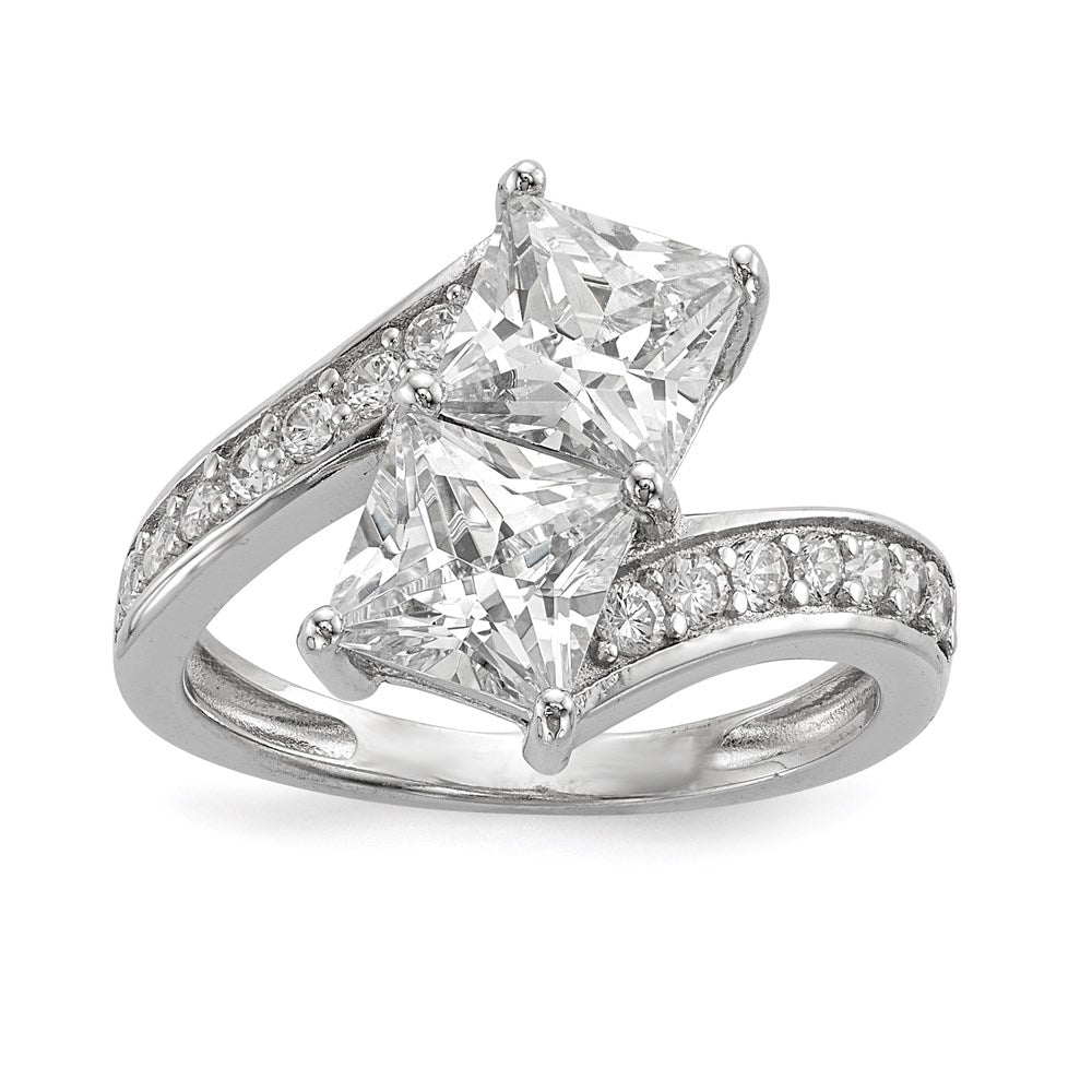 Sterling Silver Rhodium Plated Cz Two Stone Square Bypass Ring