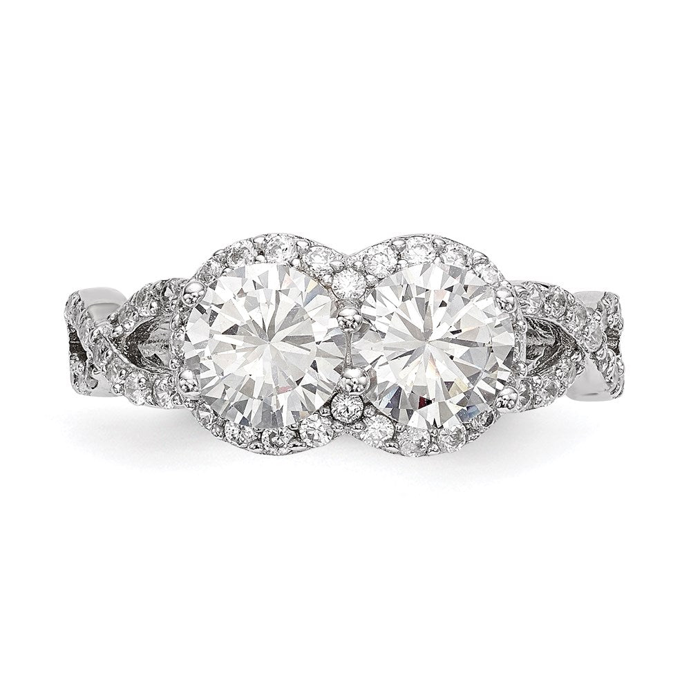 Sterling Silver Rhodium Plated Cz Two Stone Halo Ring (Size 8 Only)