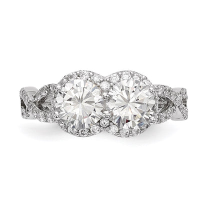 Sterling Silver Rhodium Plated Cz Two Stone Halo Ring (Size 8 Only)