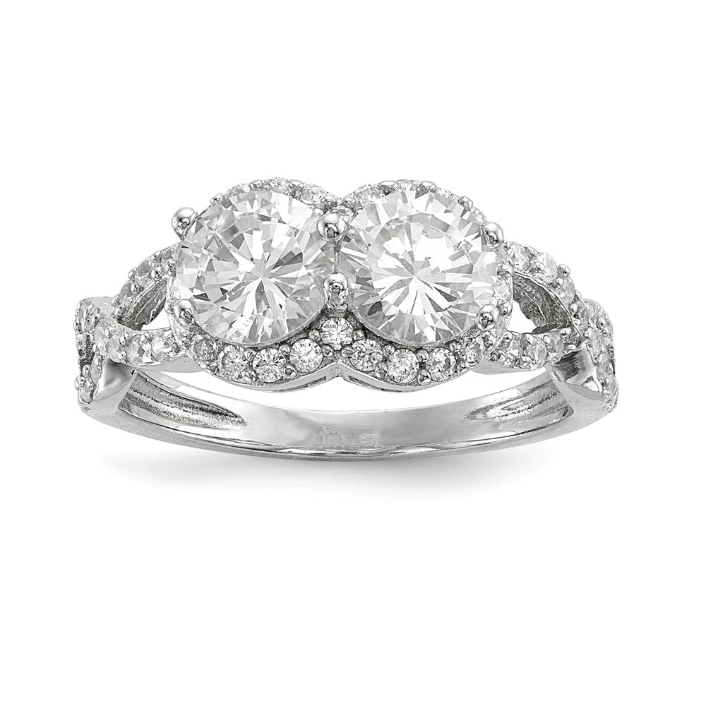Sterling Silver Rhodium Plated Cz Two Stone Halo Ring (Size 8 Only)
