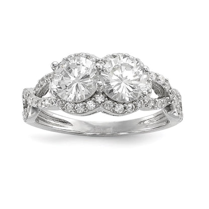 Sterling Silver Rhodium Plated Cz Two Stone Halo Ring (Size 8 Only)